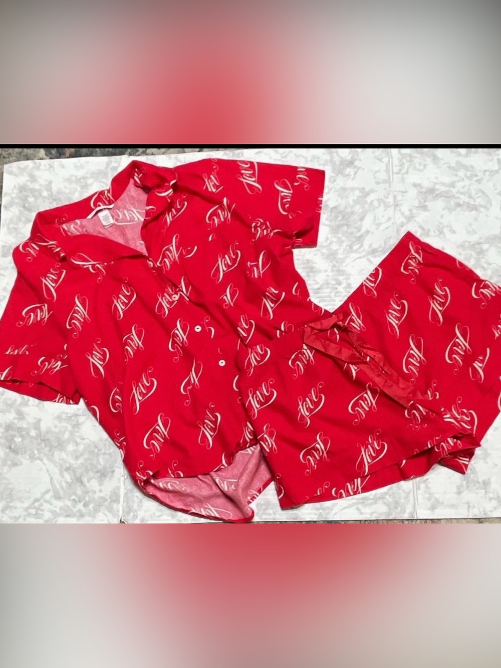 Victoria's Secret Lipstick Red Love Script Flannel Short Pajama Set Sz LG cotton